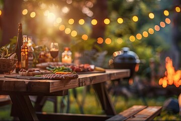 Outdoor barbecue party with food and drinks on a wooden table, surrounded by warm string lights and greenery, creating a cozy evening ambiance.