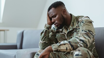 Stressed African American Male Soldier Sitting on a Couch in Uniform - Powered by Adobe