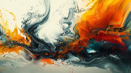 Design an abstract composition with fluid textures and dynamic splashes. Use soft brushstrokes and flowing lines to create movement and energy within the artwork, incorporating a rich color palette