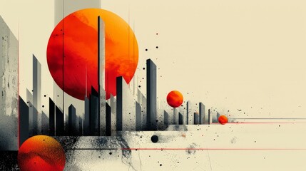 Create a minimalist digital artwork featuring abstract compositions and striking contrasts. Use bold shapes and vibrant colors against a clean background, employing sharp lines and dynamic