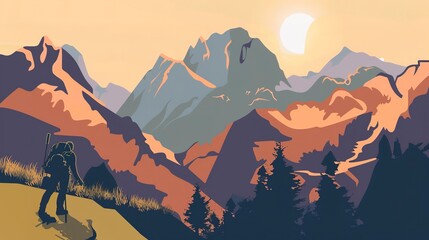 Fototapeta premium Predators of the peaks brochure flat design side view survival strategies theme cartoon drawing Split-complementary color scheme 