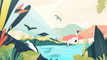 Fauna adaptation website layout flat design front view climate change impact theme animation vivid 