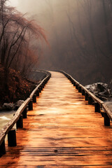 Fototapeta premium a serene, misty wooden bridge amidst autumn trees, bathed in soft, golden light. Tranquil and mystical