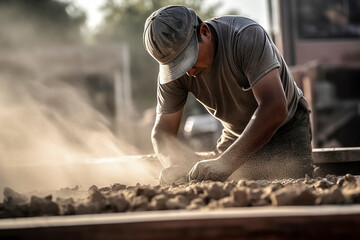 A man is working on a construction site, wearing a hat and a shirt. He is covered in dust and he is focused on his task