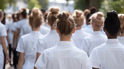 Obraz premium Capture the rear view of student nurses in crisp white uniforms