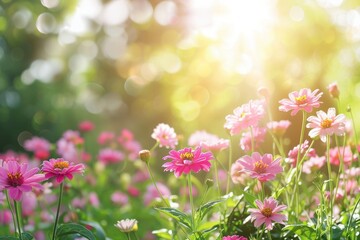 colourful Zi­nnias flowers in a garden in sunlight on nature outdoors