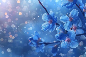 Vivid blue sakura flowers on twig with enchanting blurred background representing the beginning of spring