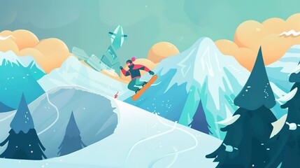 Obraz premium Snowboarding slopes artwork flat design front view snow escapades theme animation Tetradic color scheme 