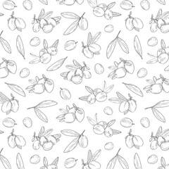 Seamless endless pattern of olives. Illustration in hand drawn style. Can be used to create packaging, covers, backgrounds, cards, textiles, clothing, souvenirs and much more.