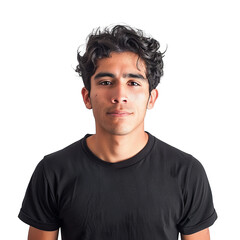 Hispanic young man wearing a black casual t - shir, white background