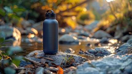 Close-up of an insulated squeeze sports water bottle with a contemporary design, resting on rocks amidst a blurred natural setting, eco-friendly product