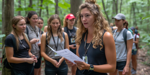 Fototapeta premium Female professors who are teaching or giving advice to university students who are on a field trip about forests and plants