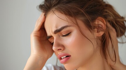 Naklejka premium A young woman is holding her head and looks like she is in pain.