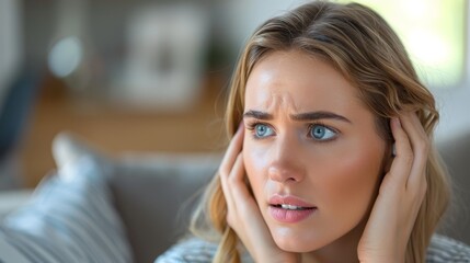 Fototapeta premium A young woman is holding her head and looks like she is in pain.