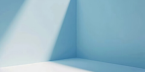 Minimalist room with sunlight streaming through, creating a clean and serene atmosphere with soft blue tones and simple elegance
