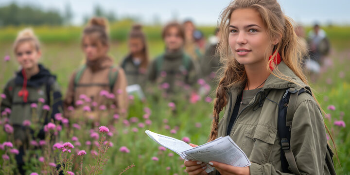 High school students are having a field trip about plants and flowers.