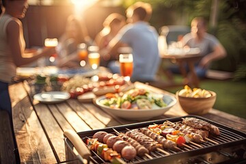 Fototapeta premium Outdoor barbecue with friends during sunset, showcasing grilled skewers, salads, and drinks on a wooden table.