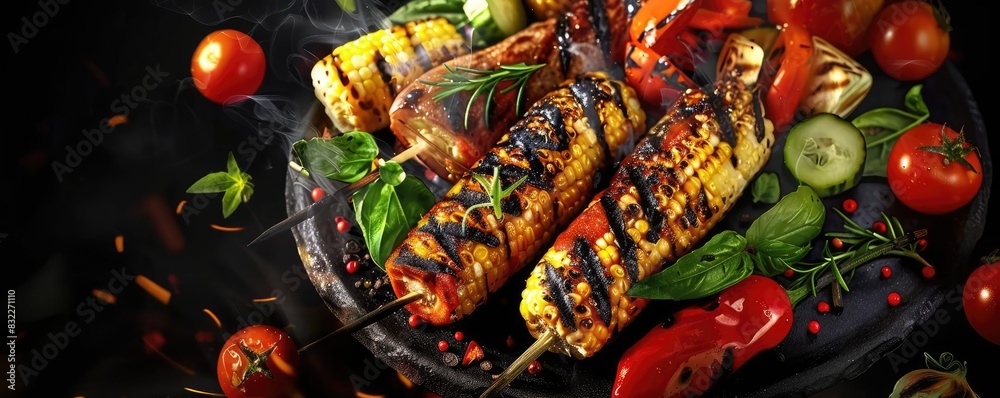 Wall mural delicious grilled vegetables and corn on skewers, garnished with fresh herbs. perfect for summer bbq