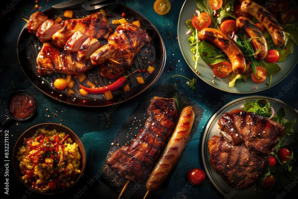 Wall mural A delicious assortment of grilled meats and vegetables, perfect for summer barbecues and outdoor dining, presented on a table with vibrant colors. - Wall murals