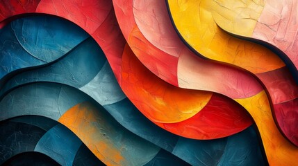 Create a lively composition with abstract compositions and vivid textures. Use a mix of bold shapes and textures in complementary colors, arranging them in a balanced and visually appealing manner to