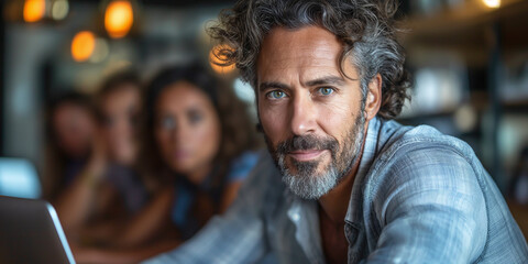 A photography of middle-aged man and his group of friends or his coworker ,blurred background image