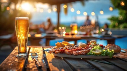 Outdoor dining with a refreshing beer and a platter of delicious food, set in a cozy ambiance with warm lighting.