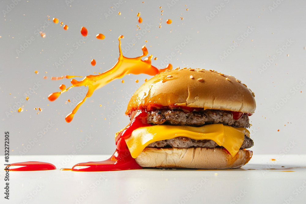 Wall mural photo of juicy burger with meat generated by ai technology isolated on white color background