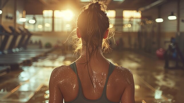 Woman's back glistening with sweat during intense workout in dimly lit gym