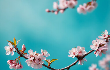 Obraz premium Delicate pink blossoms on tree branches against a serene turquoise background. Perfect for conveying themes of spring, renewal, beauty, or wellness. Ideal for greeting cards, social media posts, or be