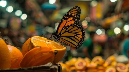 A butterfly landing on a piece of fruit in an outdoor market, blending the natural world with a human environment
