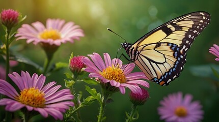 Obraz premium butterflies on a flower. The butterfly on the left is mostly orange,