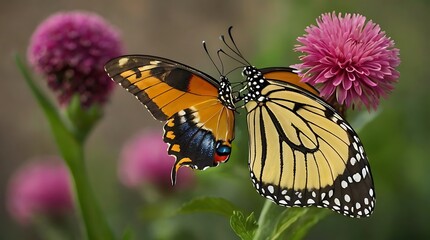 Obraz premium butterflies on a flower. The butterfly on the left is mostly orange,