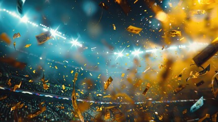 A soccer championship win in the evening stadium arena! Tinsel and confetti. Toning in yellow....