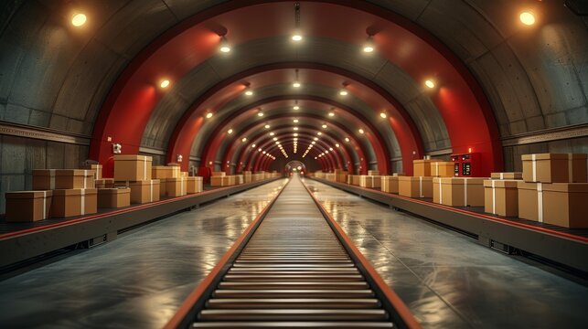 Modern warehouse automation  cardboard boxes on conveyor belts with digital interfaces