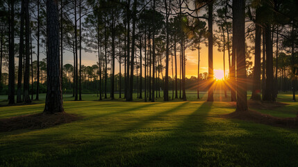 Obraz premium A large field of grass with trees in the background. The sun is setting, casting long shadows on the grass