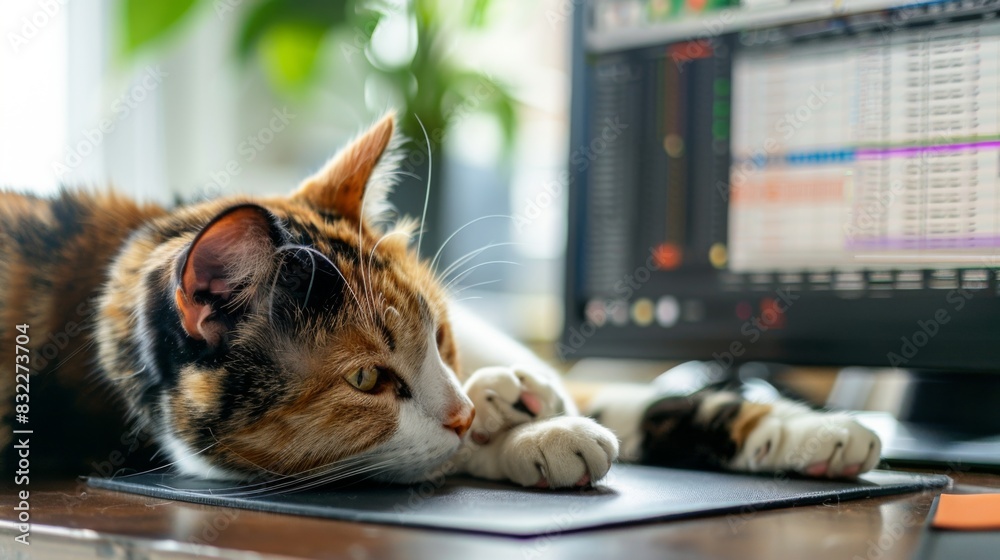 Poster A calico cat lying on a desk, its head resting on a mouse pad, while a computer screen displays an open spreadsheet
