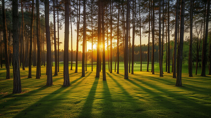 Naklejka premium A large field of grass with trees in the background. The sun is setting, casting long shadows on the grass