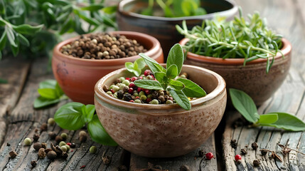 fresh green herbs and spices in small ceramic bowls sit on a wooden table, accompanied by a brown pot and a green leaf