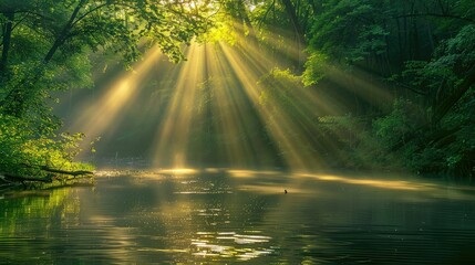 Sun rays reflecting off calm river surface