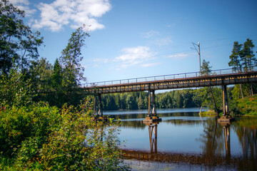 Steel bridge over forest water surrounded by trees, bridge reflecting in water with blue skies