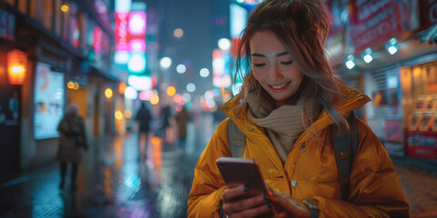 Obraz premium In the rain-drenched city street at night, a positive, smiling woman texts on her smartphone.