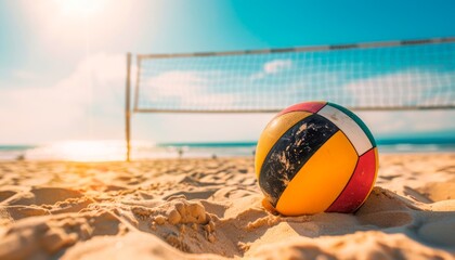 Close-Up of a Volleyball with Net in the Background on a Beach