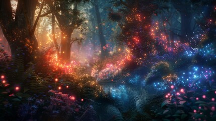 A forest with colorful lights and flowers