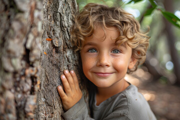 childhood as a European Caucasian boy expresses his delight, smiling brightly while embracing a tree in the heart of the forest.