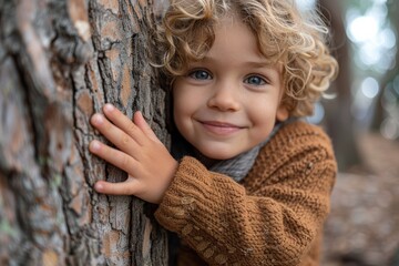 childhood as a European Caucasian boy expresses his delight, smiling brightly while embracing a tree in the heart of the forest.