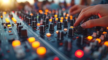 Dj performing music mixing using sound synthesizers on a contemporary digital mixer setup