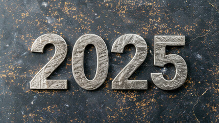 Close-up of silver metal sign displaying number 2025 on metal surface
