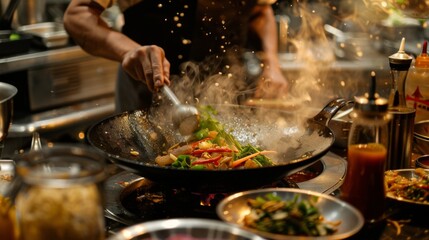 A chef preparing a traditional Thai dish, adding ingredients to a wok with an array of seasonings and sauces nearby