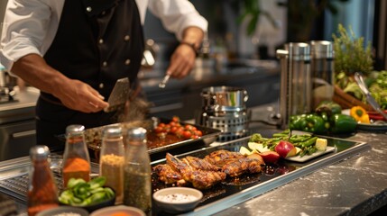 Obraz premium A chef preparing grilled chicken in a modern kitchen, with spices and marinades neatly arranged on the counter