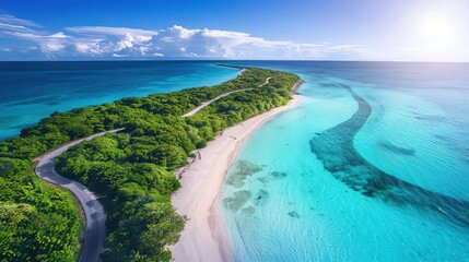 Aerial shot of a serpentine road winding through a tropical forest leading to a sandy beach, with crystal clear turquoise waters under a bright midday sun. - Powered by Adobe